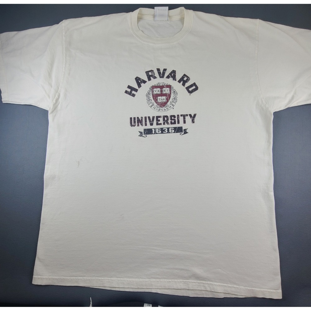 Vintage 1636 Harvard University Champion T-Shirt Mens 2XL Cream Short Sleeve Tee